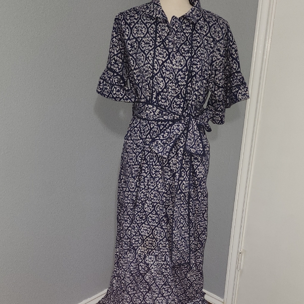 "Sue Sartor" Elegant Navy and White Patterned Dress Sz